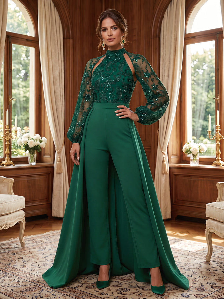 Mock Neck Stretch Satin Mother of the Bride Jumpsuits Long Sleeves Floor-Length Sequins With Overskirt