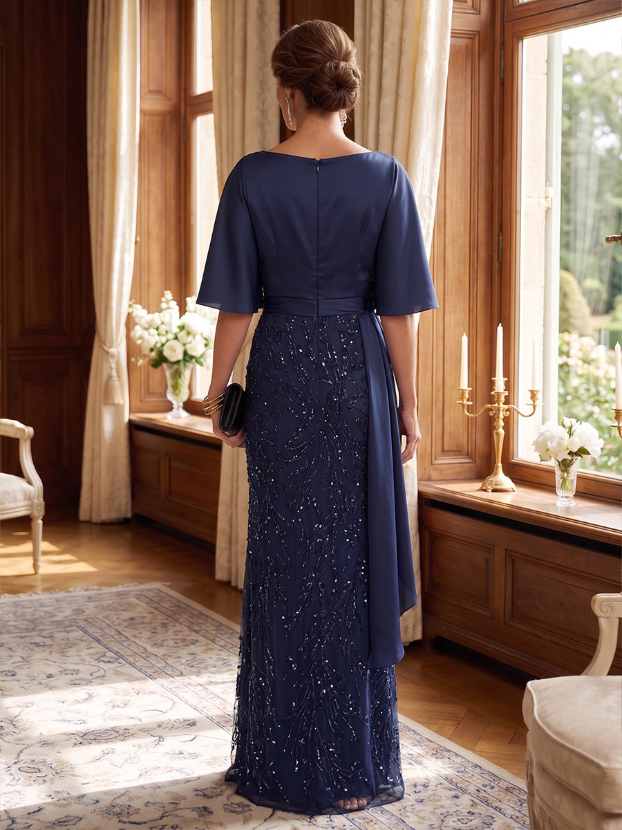 Sheath/Column Boat Neck Chiffon Mother of the Bride Dresses Sequins Half Sleeves Floor-Length With Ruffles
