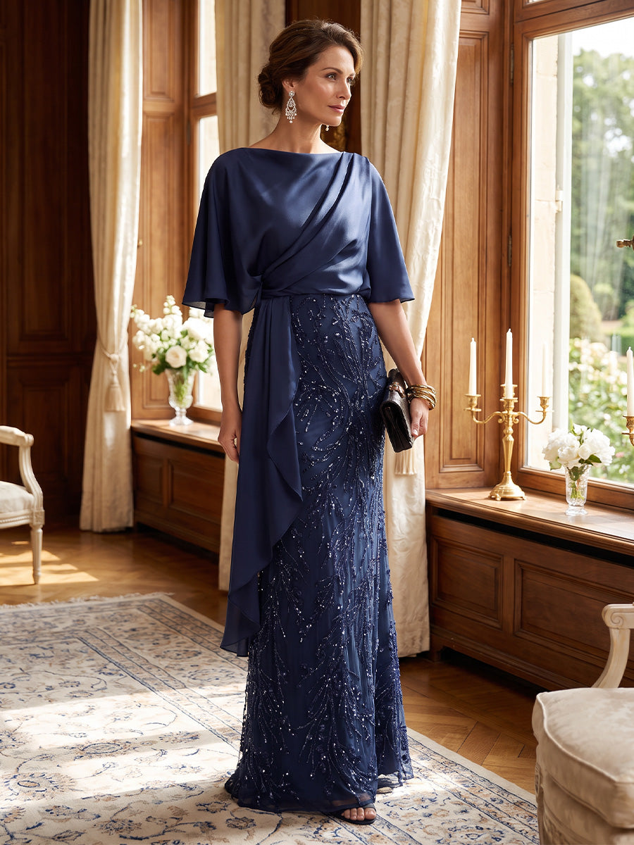 Sheath/Column Boat Neck Chiffon Mother of the Bride Dresses Sequins Half Sleeves Floor-Length With Ruffles