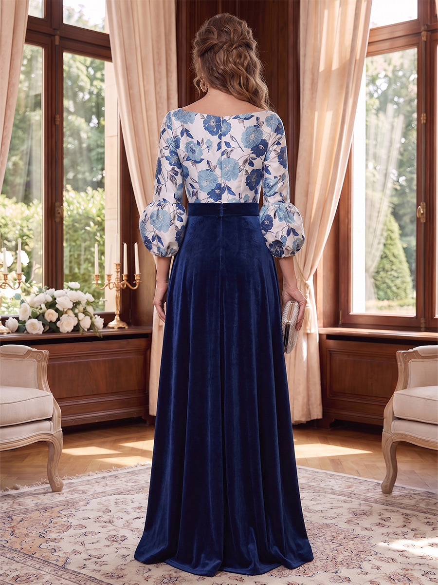 A-Line/Princess V-Neck Jacquard Mother of the Bride Dresses 3/4 Sleeves Floor-Length WIth Split Side