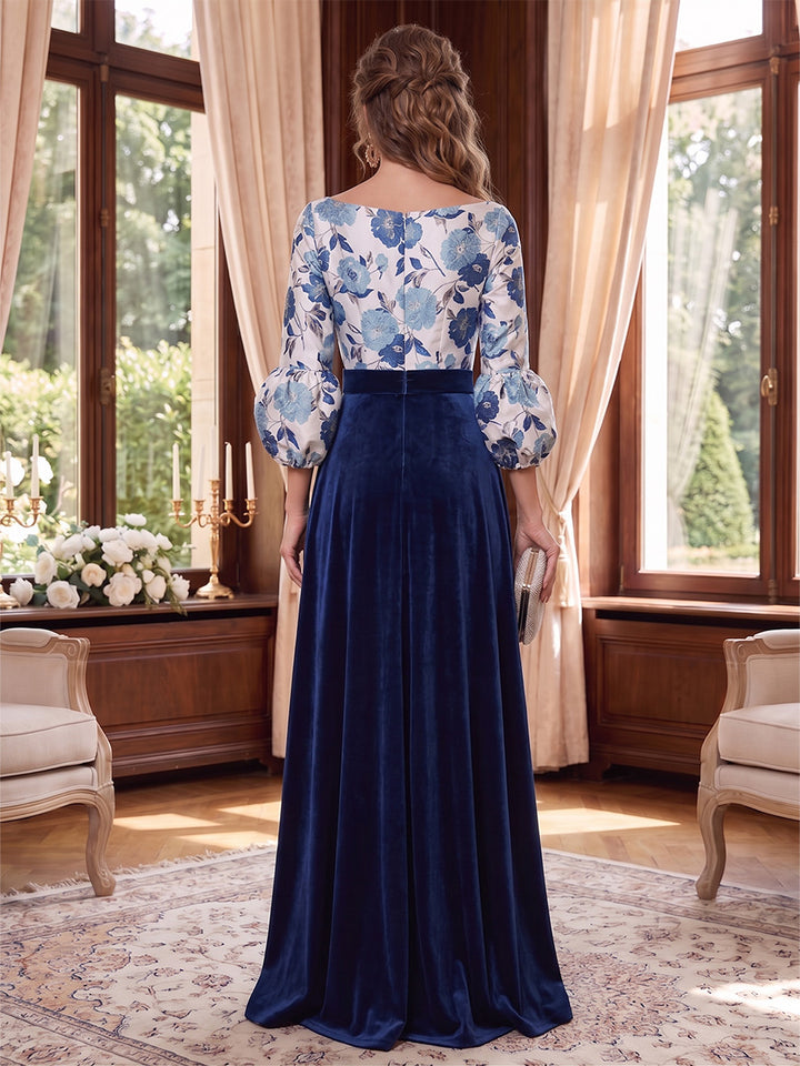 A-Line/Princess V-Neck Jacquard Mother of the Bride Dresses 3/4 Sleeves Floor-Length WIth Split Side