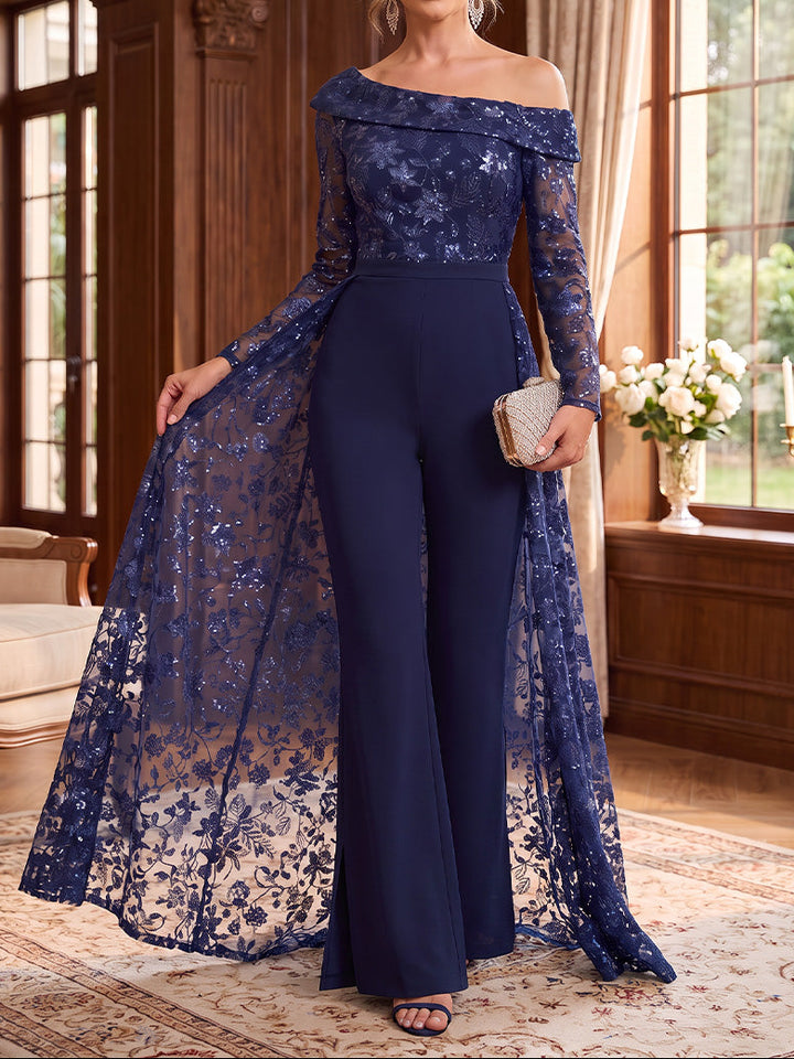 One-Shoulder Chiffon Mother of the Bride Jumpsuits Long Sleeves Ankle-Length Sequins With Overskirt