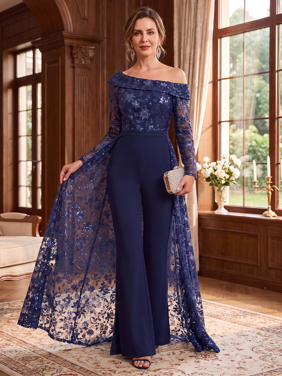 One-Shoulder Chiffon Mother of the Bride Jumpsuits Long Sleeves Ankle-Length Sequins With Overskirt
