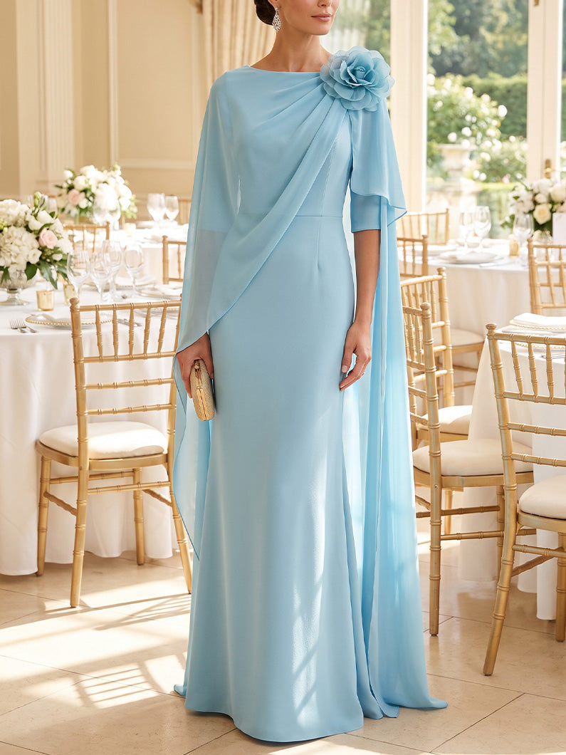 A-Line/Princess Scoop Chiffon Mother of the Bride Dresses with 3D Flowers Cape Sleeves Floor-Length