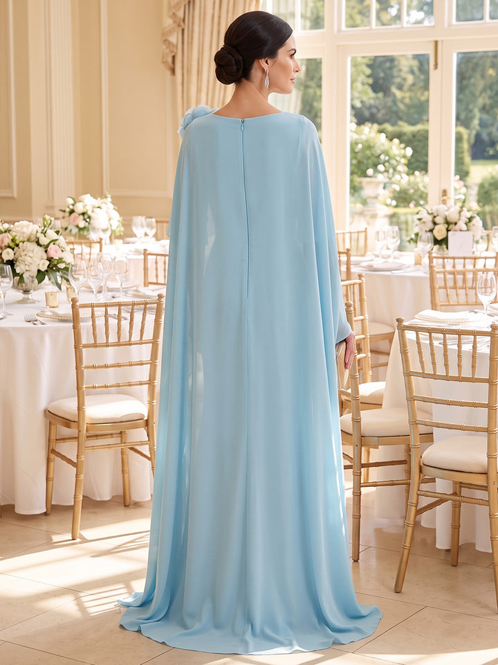 A-Line/Princess Scoop Chiffon Mother of the Bride Dresses with 3D Flowers Cape Sleeves Floor-Length