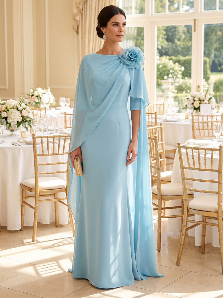 A-Line/Princess Scoop Chiffon Mother of the Bride Dresses with 3D Flowers Cape Sleeves Floor-Length