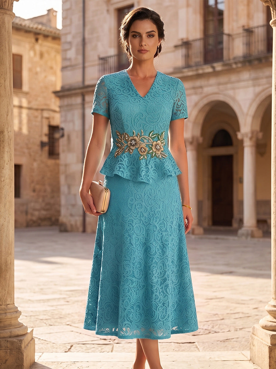 A-Line/Princess V-Neck Lace Mother of the Bride Dresses Short Sleeves Floral Tea-Length