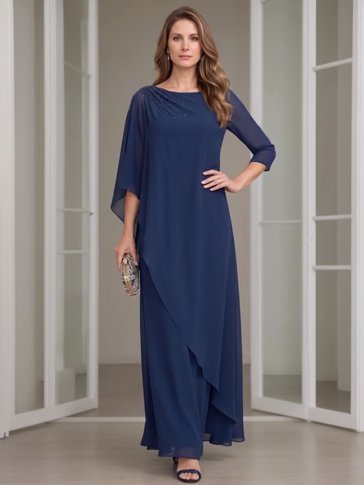 A-Line/Princess Boat Neck Chiffon Mother of the Bride Dresses 3/4 Sleeves Ankle-Length Beading