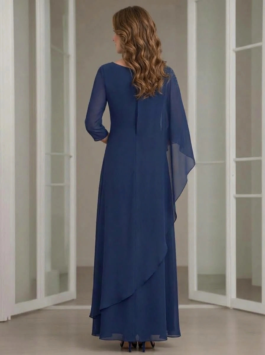 A-Line/Princess Boat Neck Chiffon Mother of the Bride Dresses 3/4 Sleeves Ankle-Length Beading