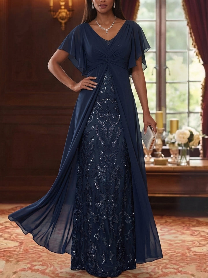 A-Line/Princess V-Neck Chiffon Mother of the Bride Dresses with Overskirt Short Sleeves Floor-Length Sequins