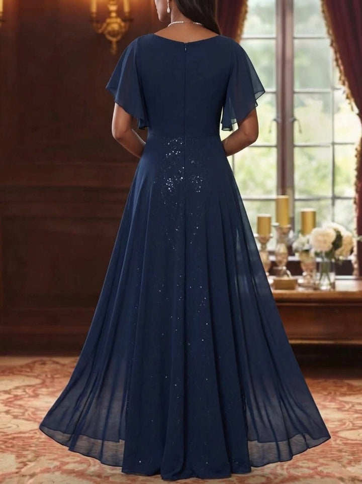 A-Line/Princess V-Neck Chiffon Mother of the Bride Dresses with Overskirt Short Sleeves Floor-Length Sequins
