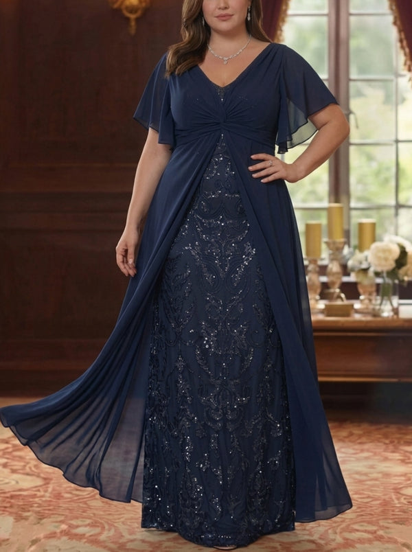 A-Line/Princess V-Neck Chiffon Plus Size Mother of the Bride Dresses with Overskirt Short Sleeves Floor-Length Sequins