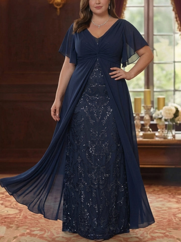 A-Line/Princess V-Neck Chiffon Plus Size Mother of the Bride Dresses with Overskirt Short Sleeves Floor-Length Sequins