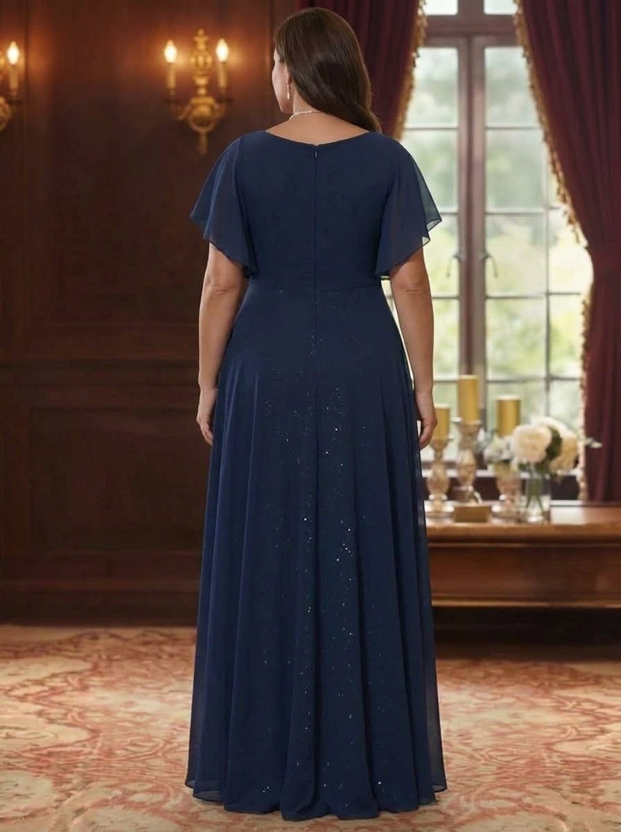 A-Line/Princess V-Neck Chiffon Plus Size Mother of the Bride Dresses with Overskirt Short Sleeves Floor-Length Sequins