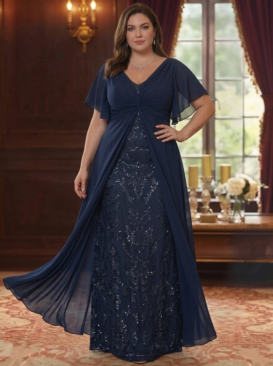 A-Line/Princess V-Neck Chiffon Plus Size Mother of the Bride Dresses with Overskirt Short Sleeves Floor-Length Sequins