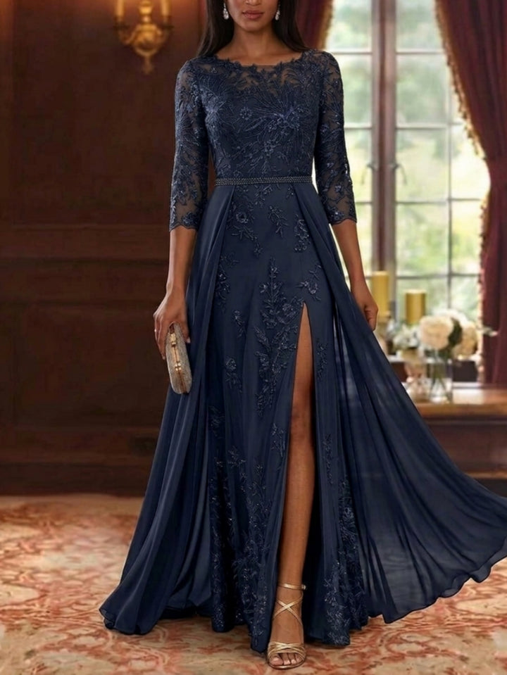 A-Line/Princess Scoop Chiffon Mother of the Bride Dresses with Overskirt Split Side 3/4 Sleeves Floor-Length Floral