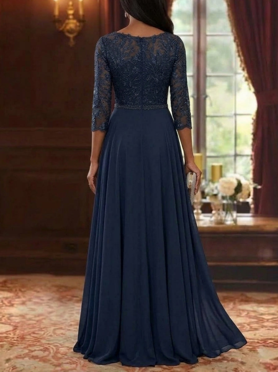 A-Line/Princess Scoop Chiffon Mother of the Bride Dresses with Overskirt Split Side 3/4 Sleeves Floor-Length Floral