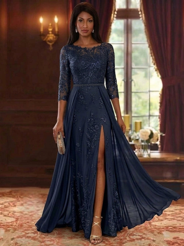 A-Line/Princess Scoop Chiffon Mother of the Bride Dresses with Overskirt Split Side 3/4 Sleeves Floor-Length Floral