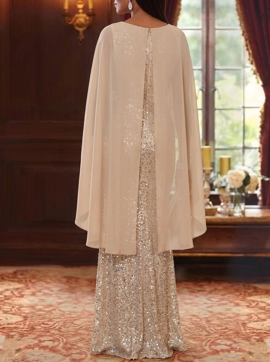 Trumpet/Mermaid Scoop Sequins Chiffon Mother of The Bride Dresses Floor Length Cape Sleeves