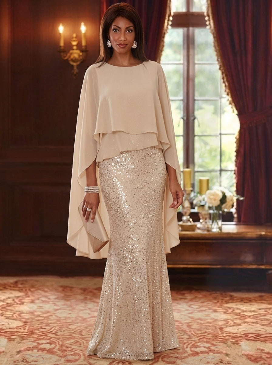 Trumpet/Mermaid Scoop Sequins Chiffon Mother of The Bride Dresses Floor Length Cape Sleeves