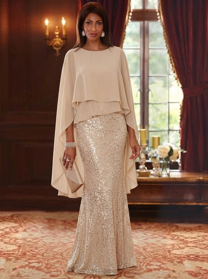 Trumpet/Mermaid Scoop Sequins Chiffon Mother of The Bride Dresses Floor Length Cape Sleeves