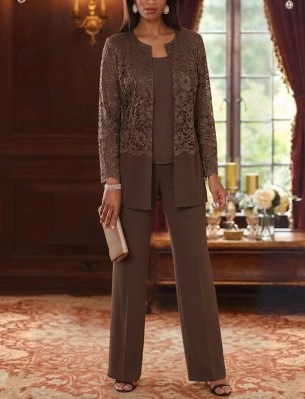 3 Pieces Scoop Chiffon Mother of the Bride Pantsuits Long Sleeves Floor-Length Lace Floral