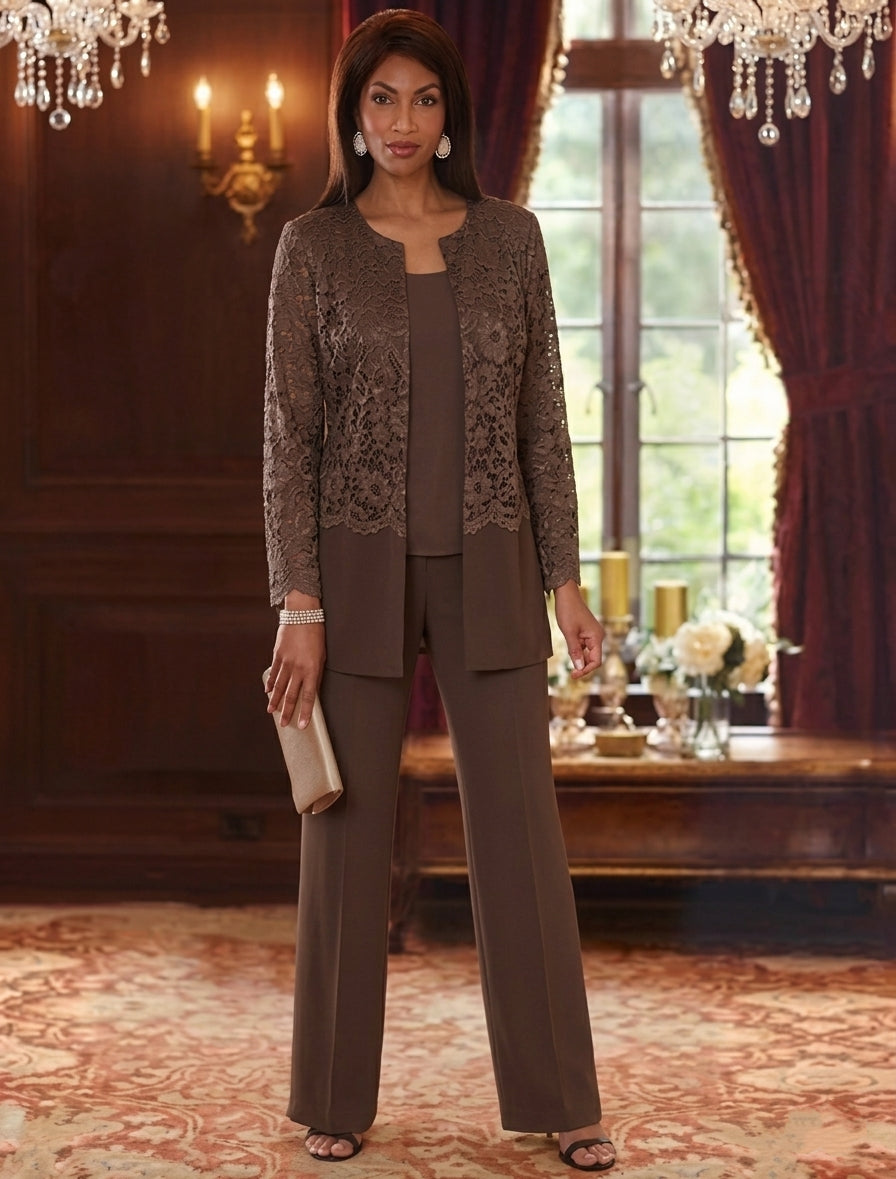 3 Pieces Scoop Chiffon Mother of the Bride Pantsuits Long Sleeves Floor-Length Lace Floral