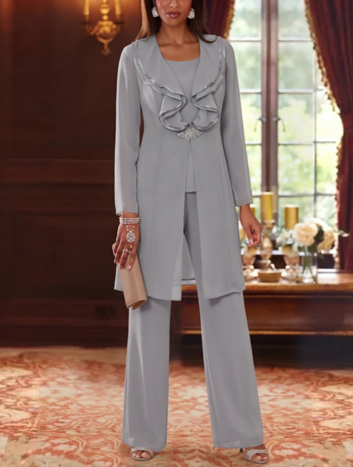 3 Pieces Scoop Chiffon Mother of the Bride Pantsuits with Jacket Long Sleeves Floor-Length Ruffles