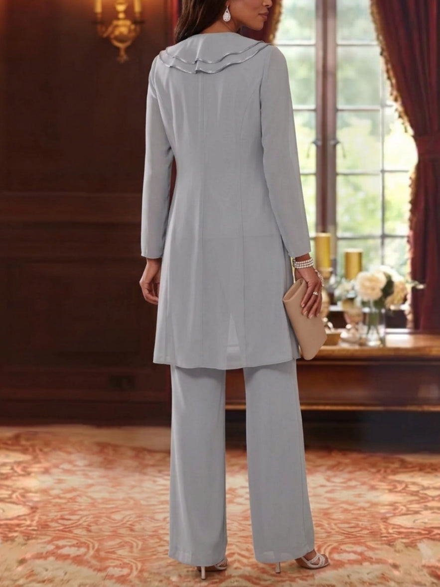 3 Pieces Scoop Chiffon Mother of the Bride Pantsuits with Jacket Long Sleeves Floor-Length Ruffles