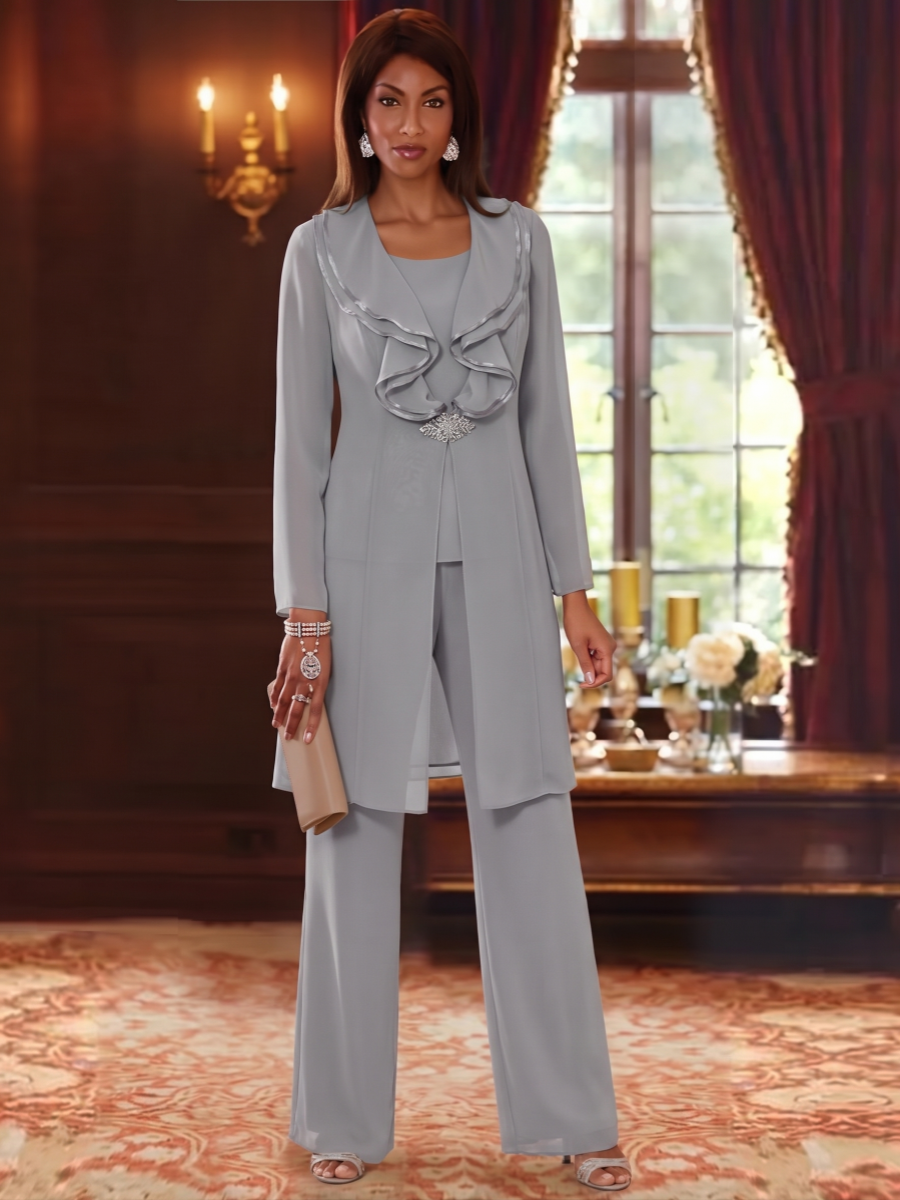 3 Pieces Scoop Chiffon Mother of the Bride Pantsuits with Jacket Long Sleeves Floor-Length Ruffles