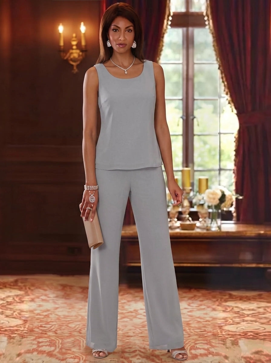 3 Pieces Scoop Chiffon Mother of the Bride Pantsuits with Jacket Long Sleeves Floor-Length Ruffles