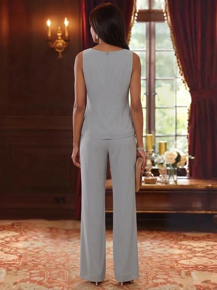 3 Pieces Scoop Chiffon Mother of the Bride Pantsuits with Jacket Long Sleeves Floor-Length Ruffles