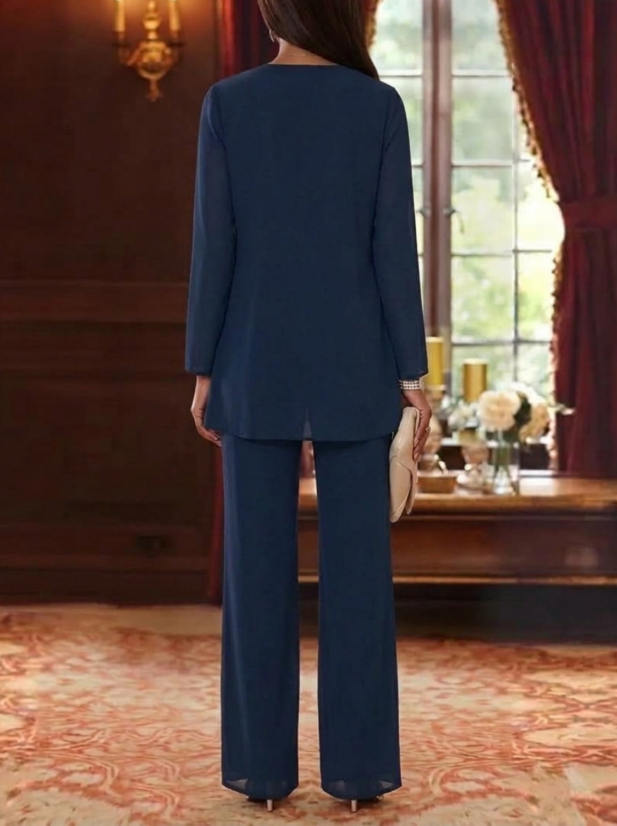 3 Pieces Scoop Chiffon Sequins Mother of the Bride Pantsuits with Jacket Long Sleeves Ankle-Length Floral