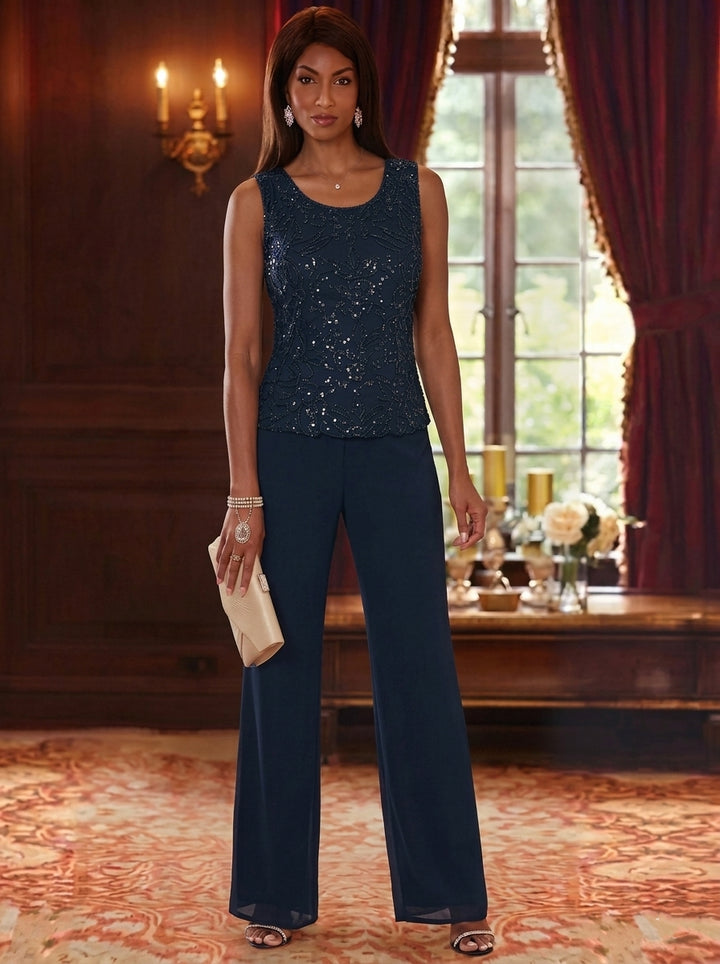 3 Pieces Scoop Chiffon Sequins Mother of the Bride Pantsuits with Jacket Long Sleeves Ankle-Length Floral