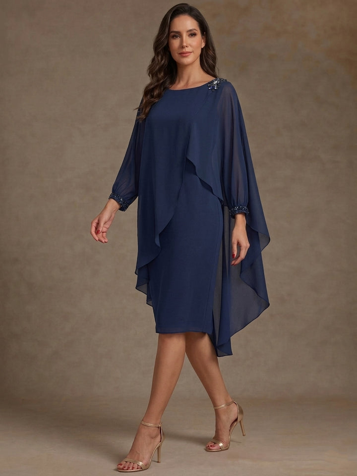Sheath/Column Scoop Chiffon Mother of the Bride Dresses Long Cape Sleeves Knee-Length