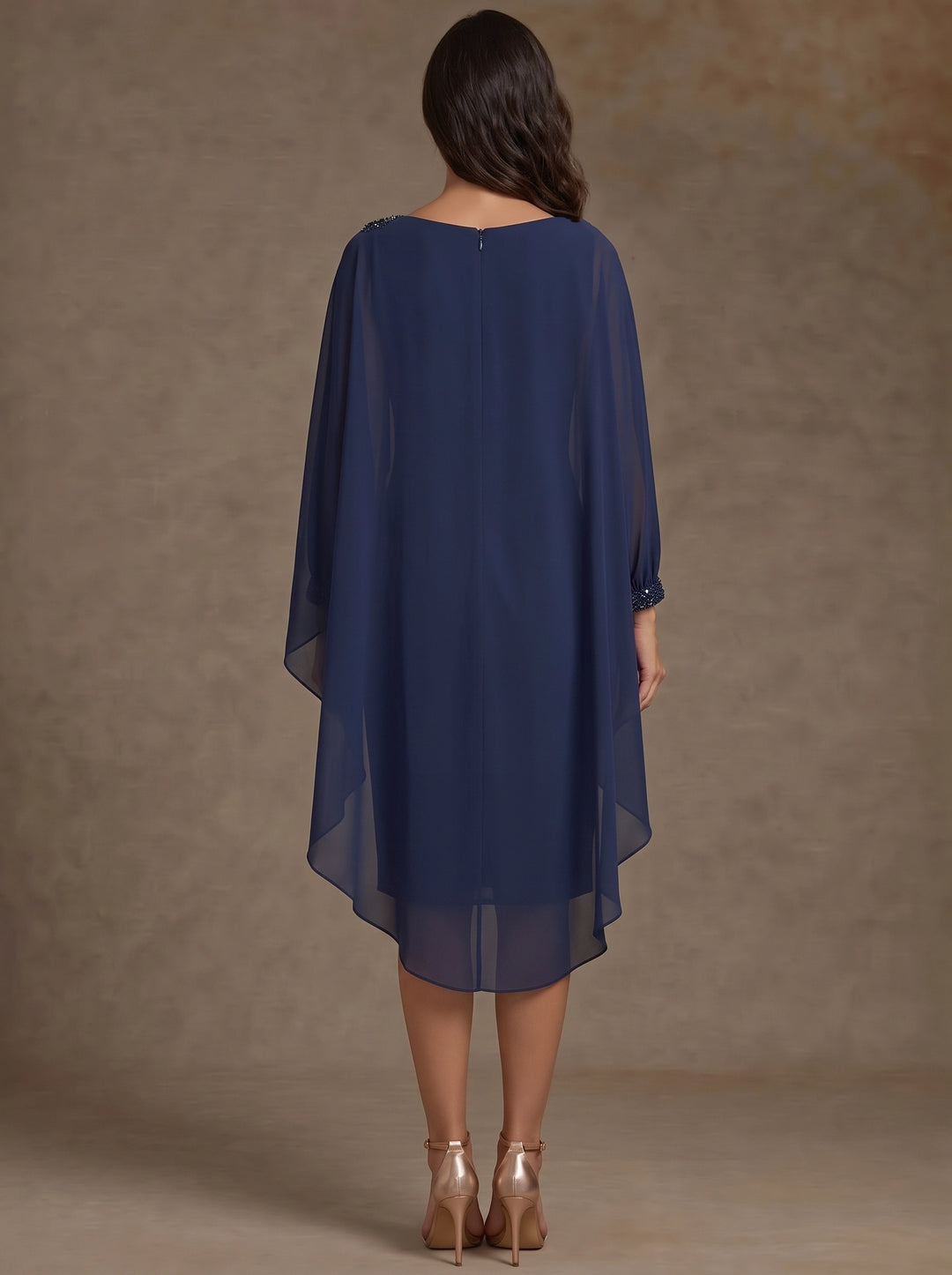 Sheath/Column Scoop Chiffon Mother of the Bride Dresses Long Cape Sleeves Knee-Length
