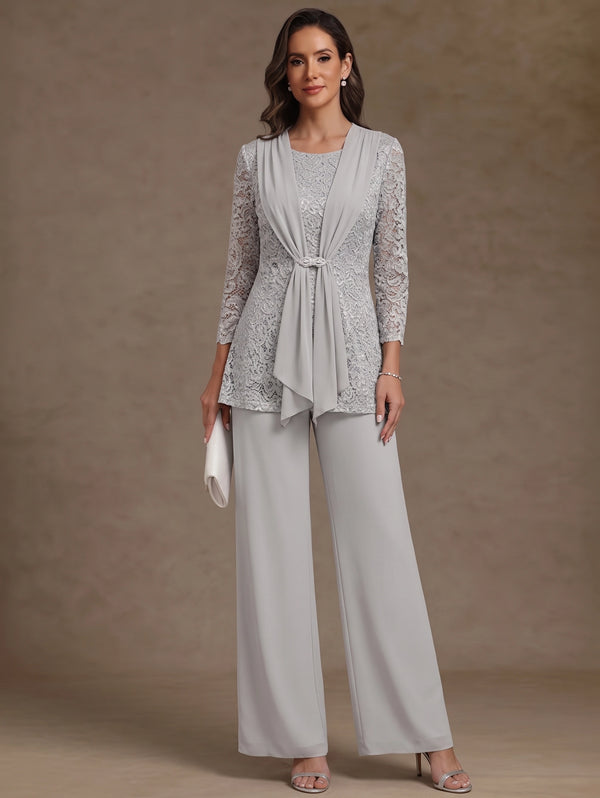 2 Pieces Scoop Chiffon Mother of the Bride Pantsuits Lace Floral 3/4 Sleeves Ankle-Length