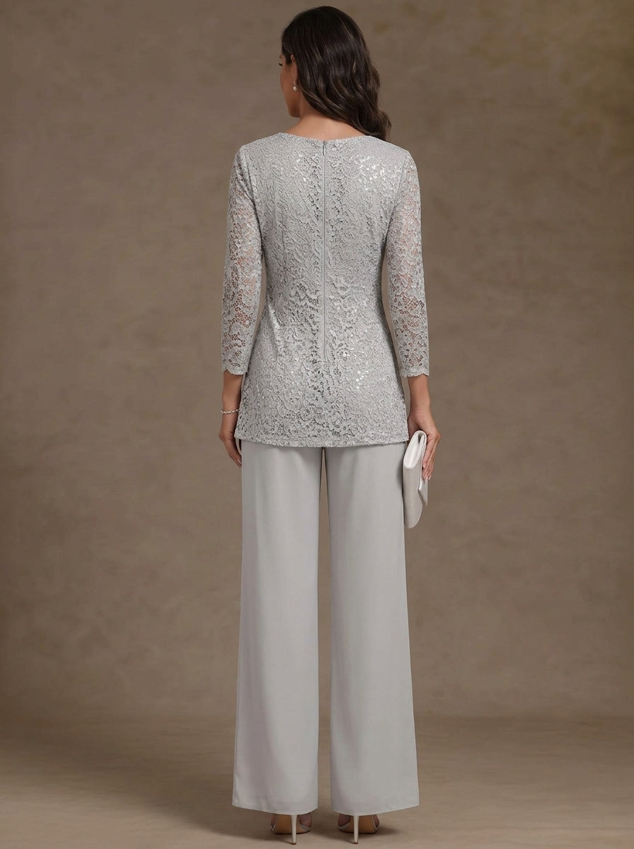 2 Pieces Scoop Chiffon Mother of the Bride Pantsuits Lace Floral 3/4 Sleeves Ankle-Length