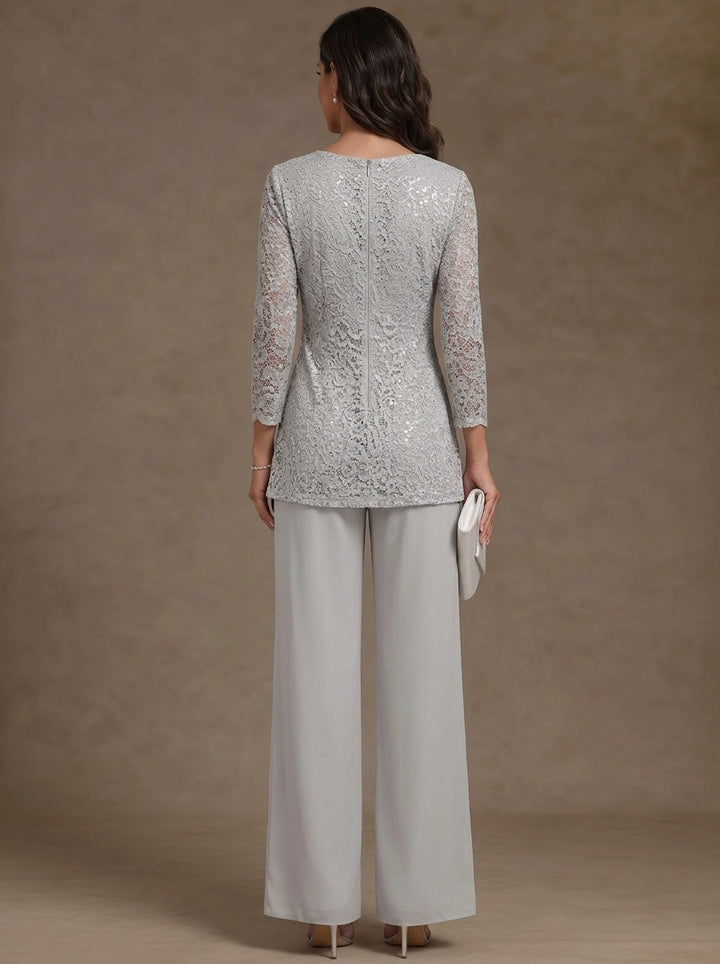 2 Pieces Scoop Chiffon Mother of the Bride Pantsuits Lace Floral 3/4 Sleeves Ankle-Length