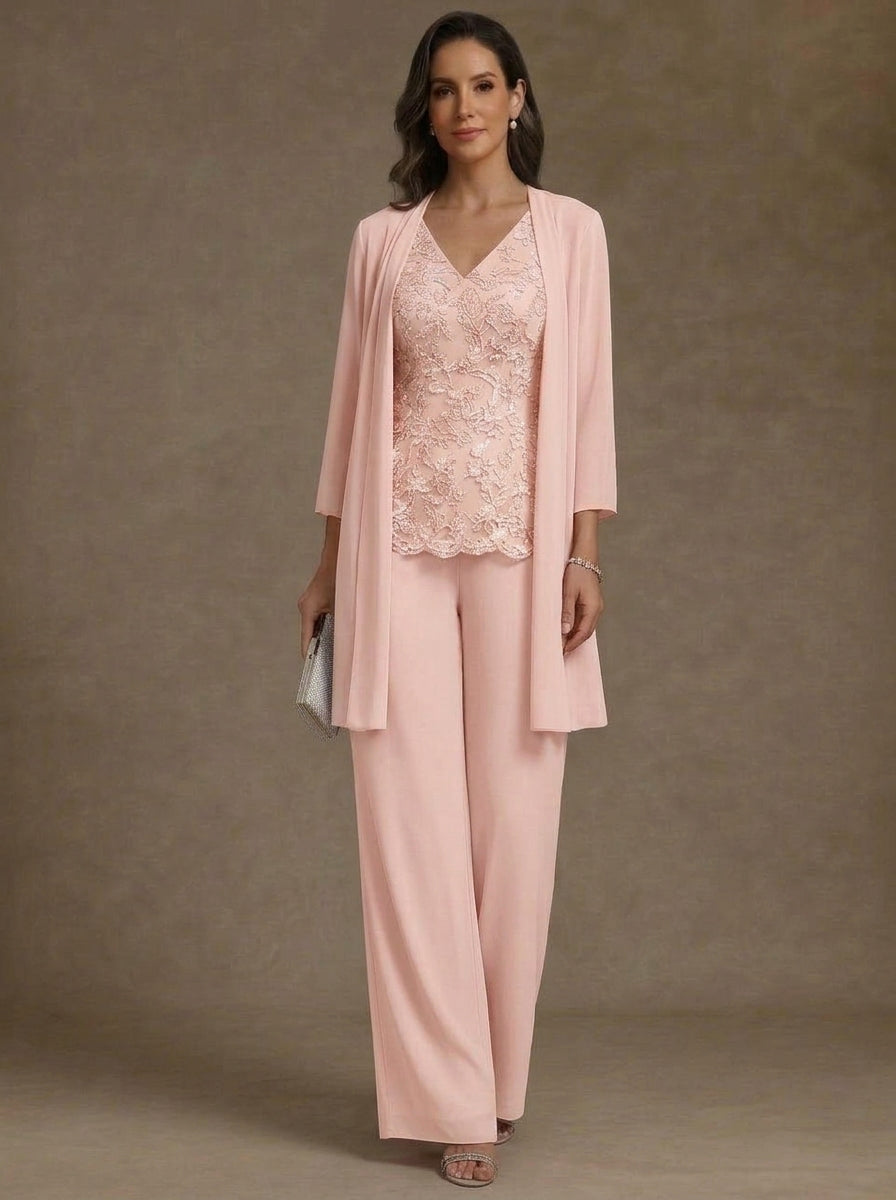 3 Pieces V-Neck Chiffon Mother of the Bride Pantsuits with Jacket 3/4 Sleeves Ankle-Length Lace Floral