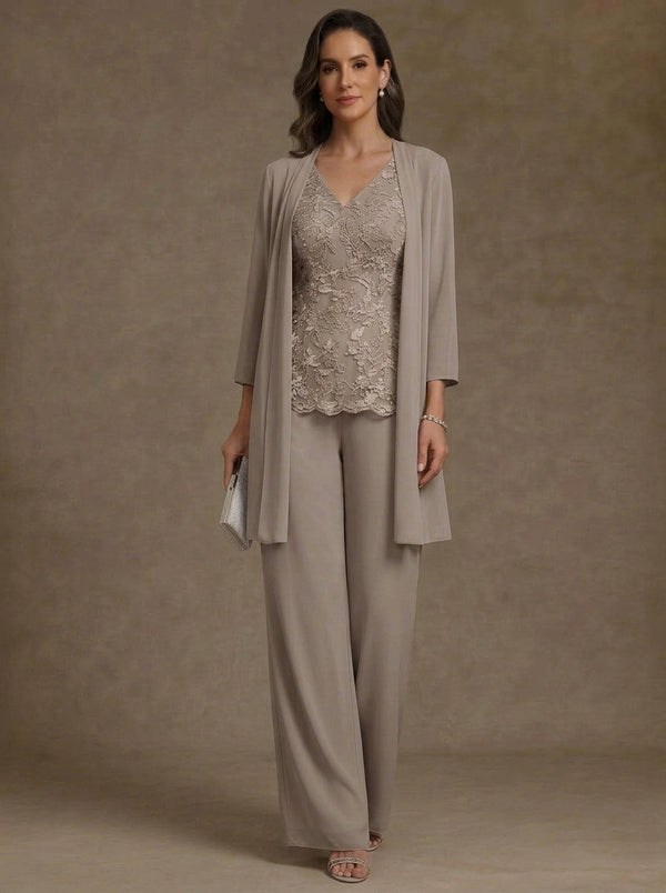 3 Pieces V-Neck Chiffon Mother of the Bride Pantsuits with Jacket 3/4 Sleeves Ankle-Length Lace Floral