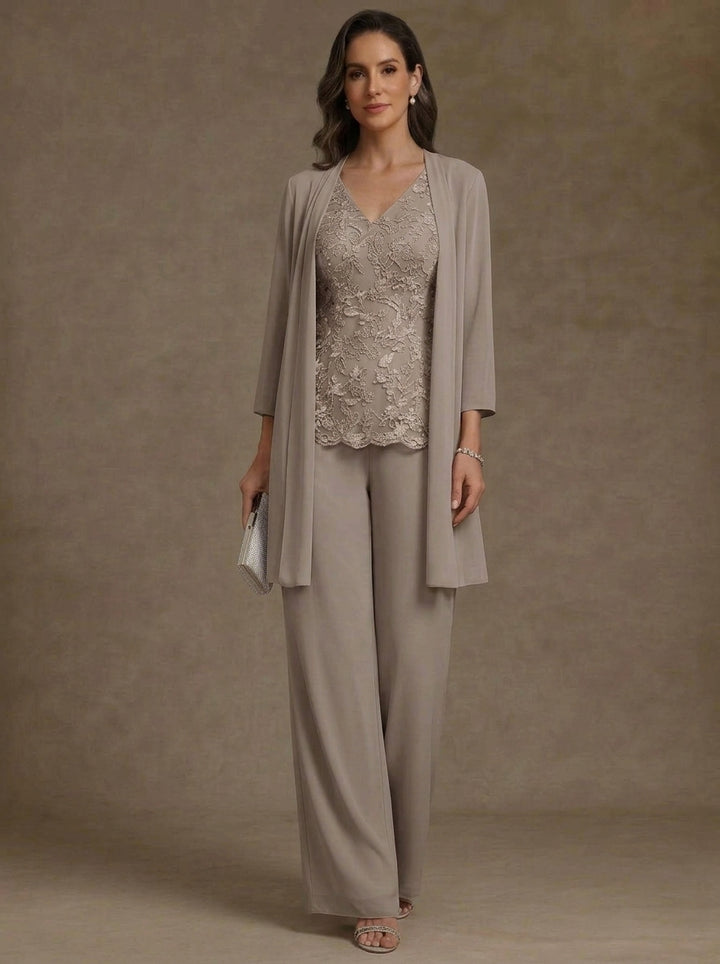 3 Pieces V-Neck Chiffon Mother of the Bride Pantsuits with Jacket 3/4 Sleeves Ankle-Length Lace Floral
