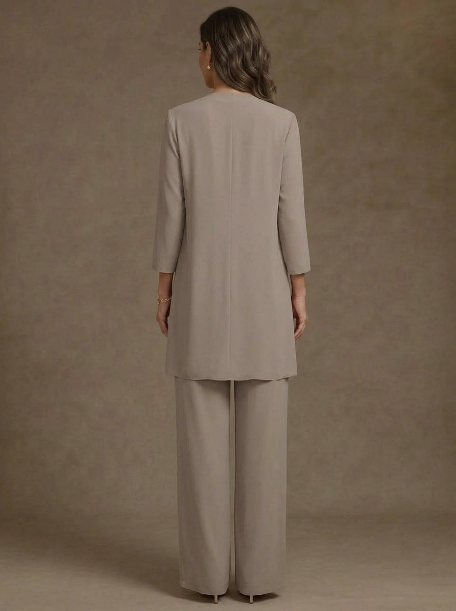 3 Pieces V-Neck Chiffon Mother of the Bride Pantsuits with Jacket 3/4 Sleeves Ankle-Length Lace Floral