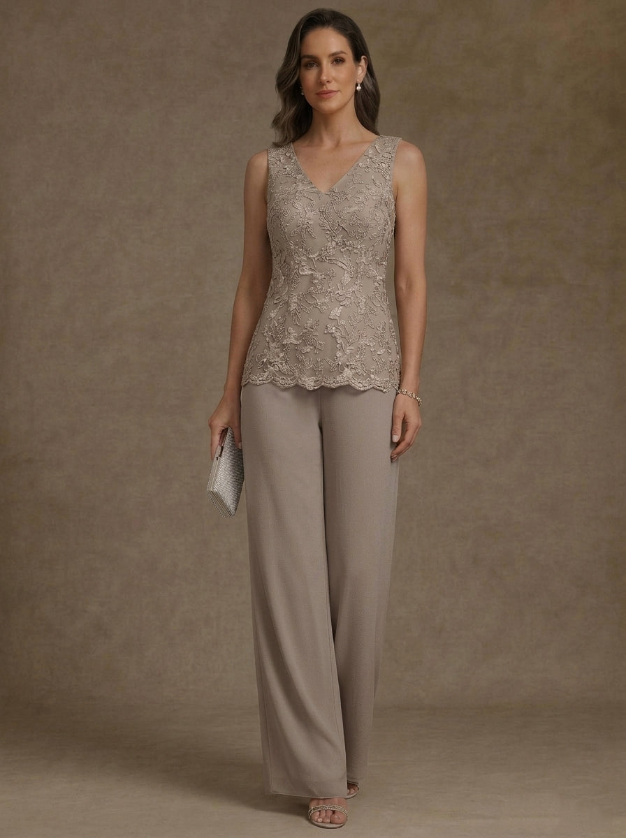 3 Pieces V-Neck Chiffon Mother of the Bride Pantsuits with Jacket 3/4 Sleeves Ankle-Length Lace Floral