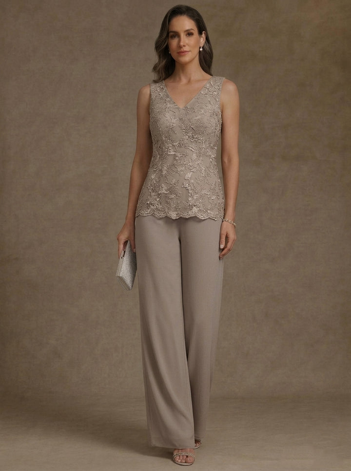 3 Pieces V-Neck Chiffon Mother of the Bride Pantsuits with Jacket 3/4 Sleeves Ankle-Length Lace Floral