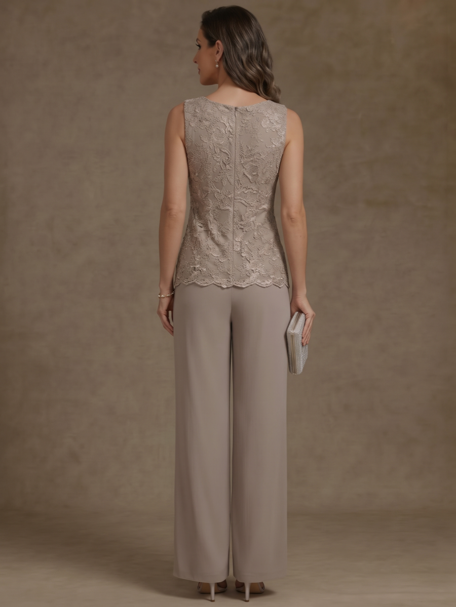 3 Pieces V-Neck Chiffon Mother of the Bride Pantsuits with Jacket 3/4 Sleeves Ankle-Length Lace Floral