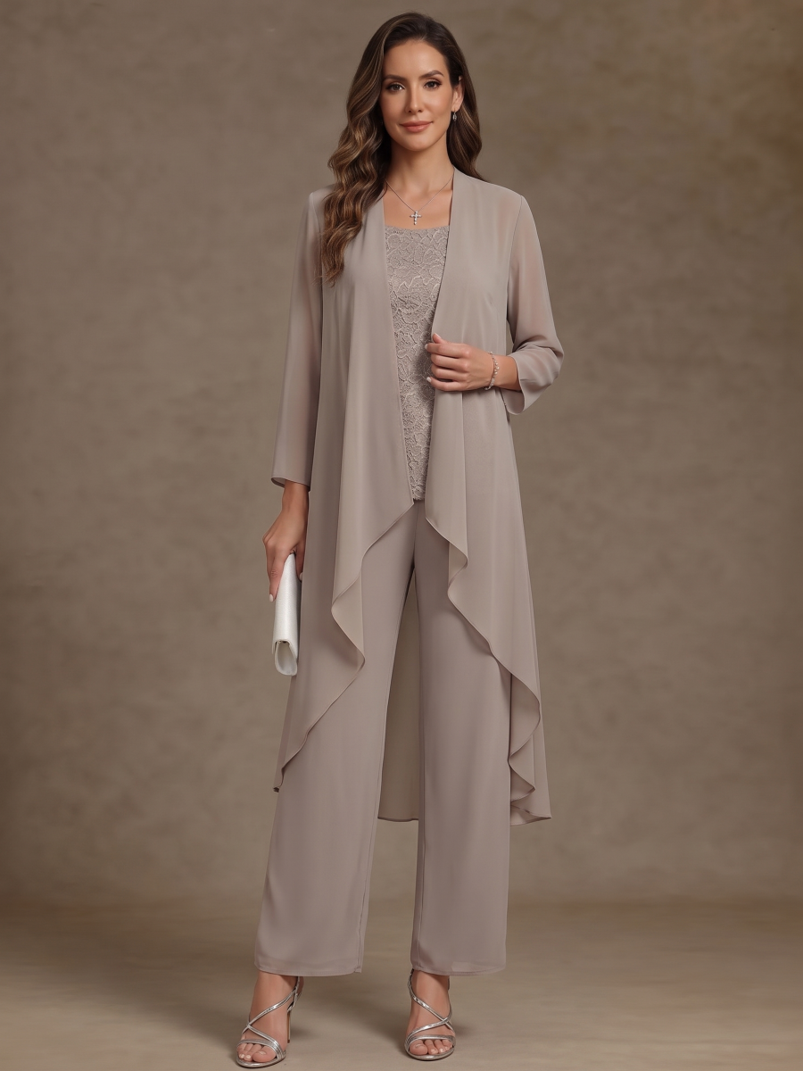 3 Pieces Scoop Chiffon Mother of the Bride Pantsuits with Jacket Long Sleeves Ankle-Length Lace Floral