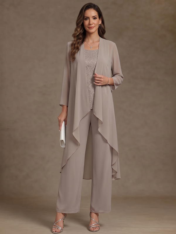 3 Pieces Scoop Chiffon Mother of the Bride Pantsuits with Jacket Long Sleeves Ankle-Length Lace Floral