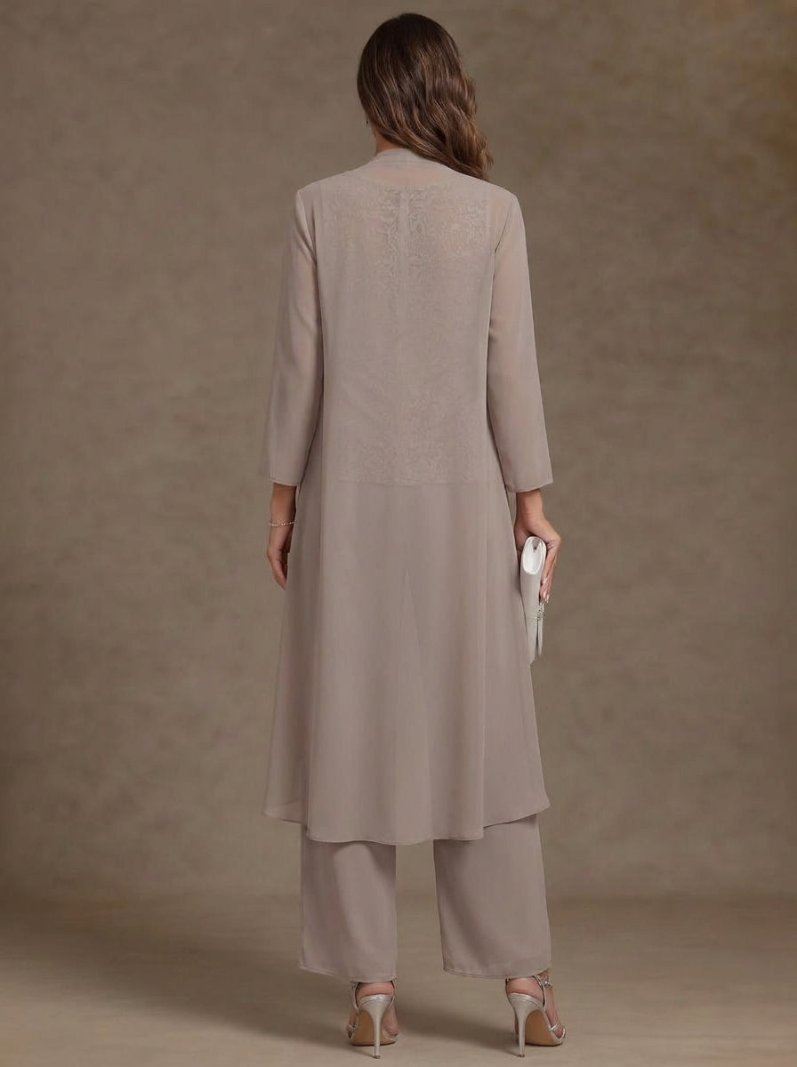 3 Pieces Scoop Chiffon Mother of the Bride Pantsuits with Jacket Long Sleeves Ankle-Length Lace Floral