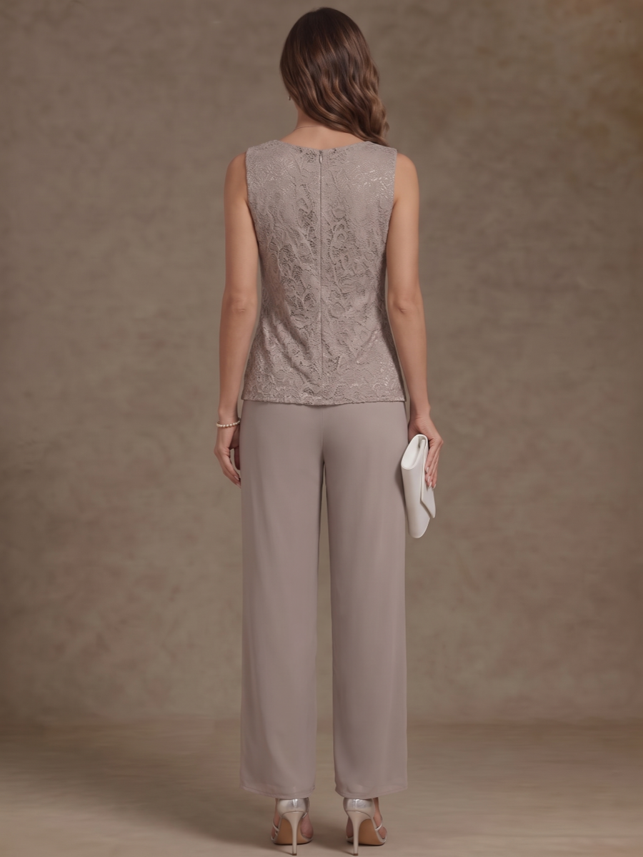 3 Pieces Scoop Chiffon Mother of the Bride Pantsuits with Jacket Long Sleeves Ankle-Length Lace Floral